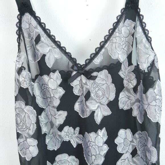 Vintage Medium Slip Top Sheer Floral Ruffle Dainty Coquette Black 90s Grunge - Picture 2 of 6